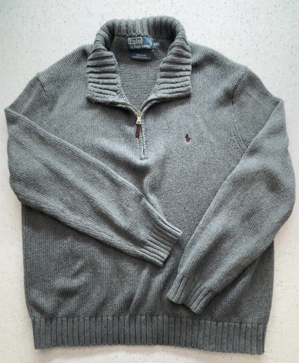 Polo Ralph Lauren Men XXL Gray Quarter Zip Knit Sweater Cotton Pullover